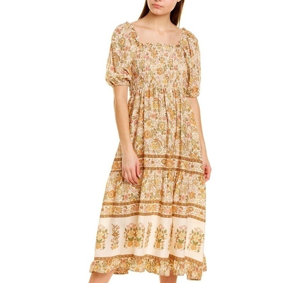 Moonsea Floral Smocked Puff Sleeve Midi Dress Size L - Picture 1 of 9